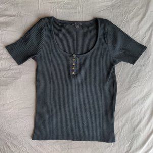 J Crew Scoop Neck Ribbed Henley - Black, Short Sleeves